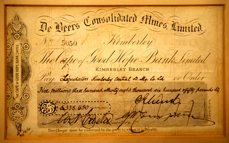 The cheque for £5,338,650 written by Cecil Rhodes to acquire the Kimberley Central Diamond Mining Company