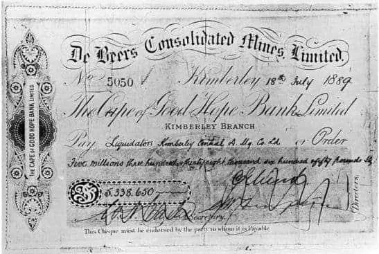 Historic De Beers Consolidated Mines cheque for £5,338,650 relating to the consolidation of the Kimberley diamond mines.