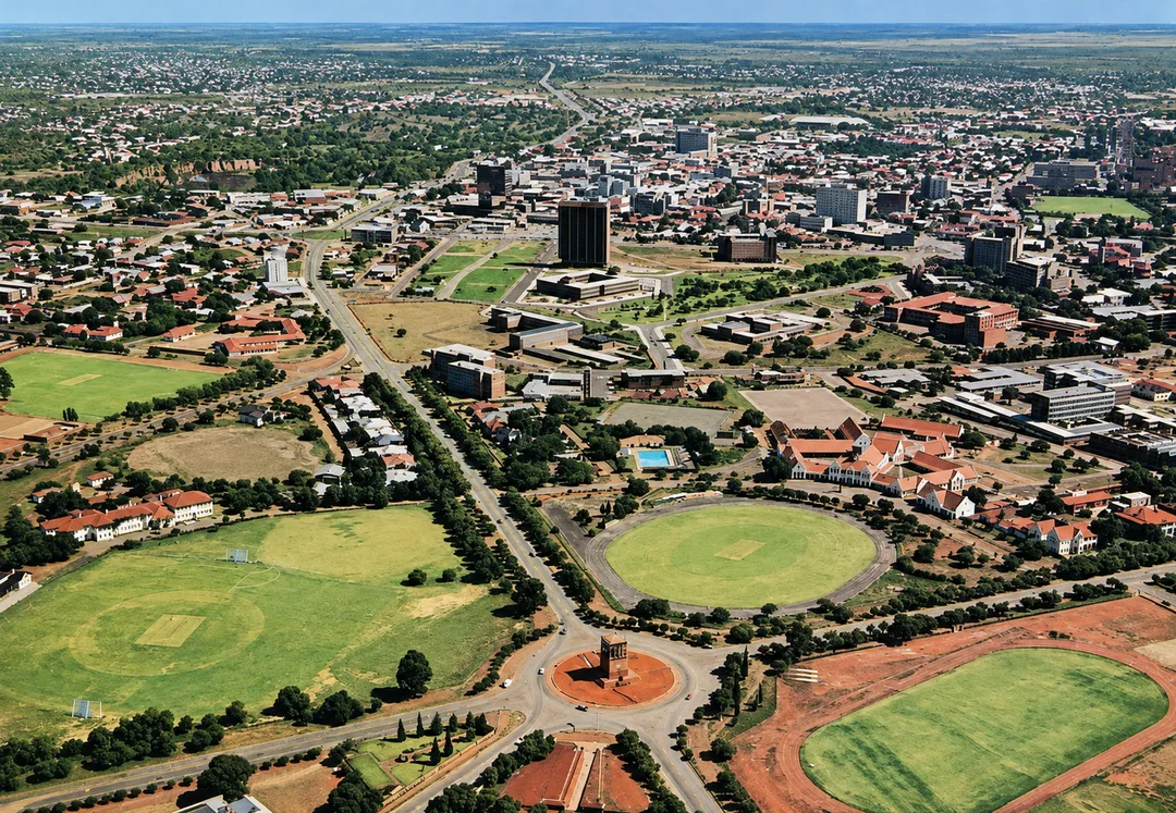 Aerial postcard view of Kimberley showing the Honoured Dead Memorial in a circular road island, with Harry Oppenheimer House, roads, green spaces, sports fields and surrounding city buildings visible.
