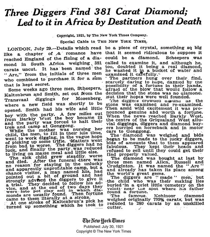 The accompanying newspaper report from The New York Times, published on 30 July 1921, helped make the Arc Diamond famous around the world.