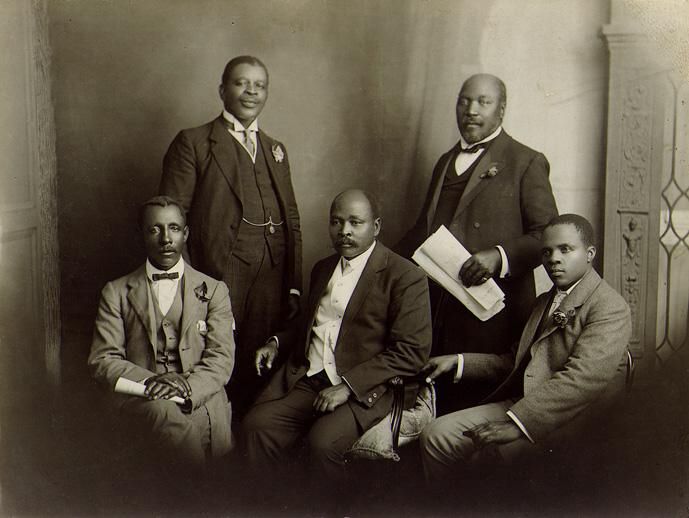 The South African Native National Congress delegation to England, June 1914. Left to right: Thomas Mapike, Rev. Walter Rubusana, Rev. John Dube, Saul Msane, Sol Plaatje