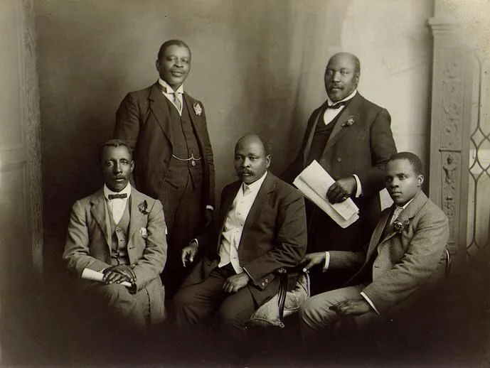 The South African Native National Congress delegation to England, June 1914. Left to right: Thomas Mapike, Rev. Walter Rubusana, Rev. John Dube, Saul Msane, Sol Plaatje