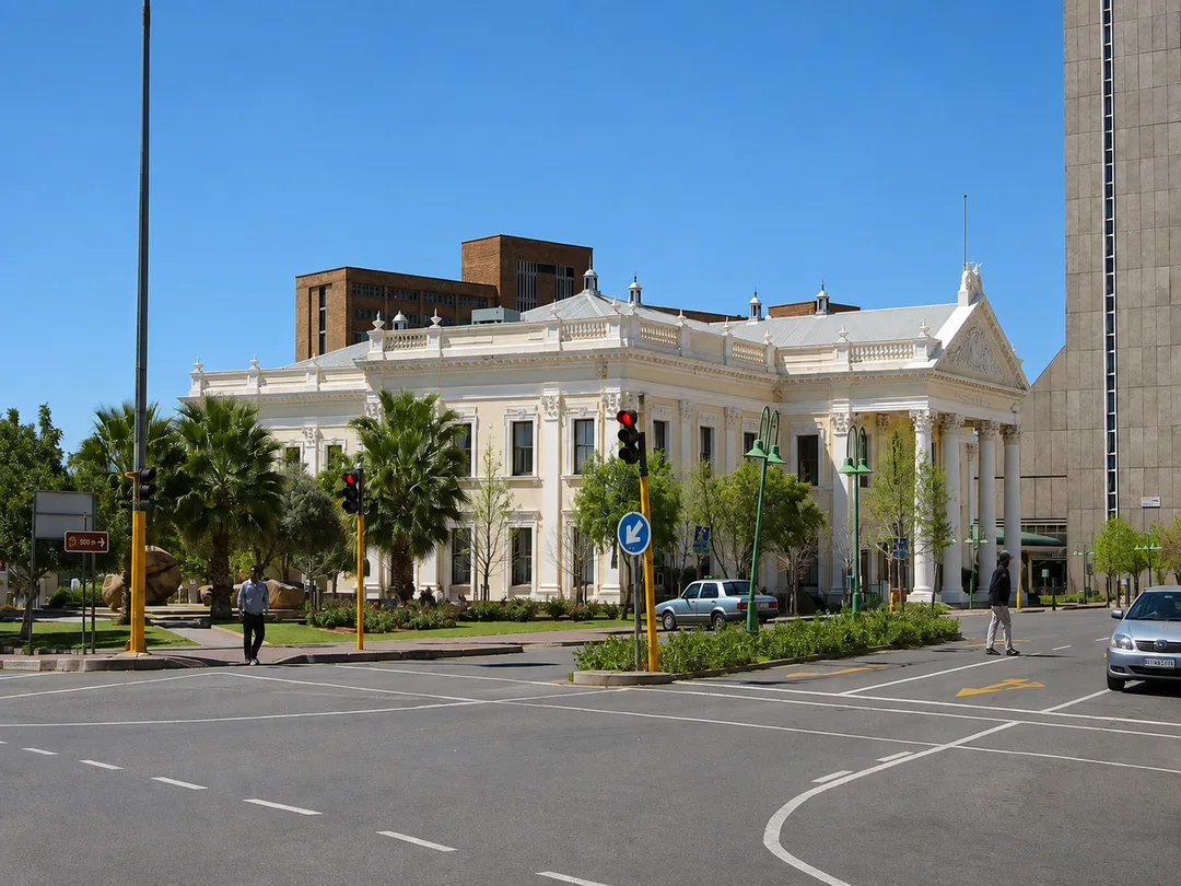 Kimberley City Hall viewed from across the street in September 2003, with modern municipal buildings visible behind it.