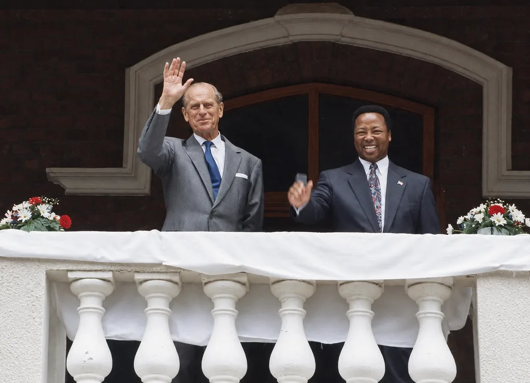 Prince Philip, Duke of Edinburgh, with Northern Cape Premier Manne Dipico on the balcony of the Kimberley Club during his Kimberley visit on 22 March 1995.