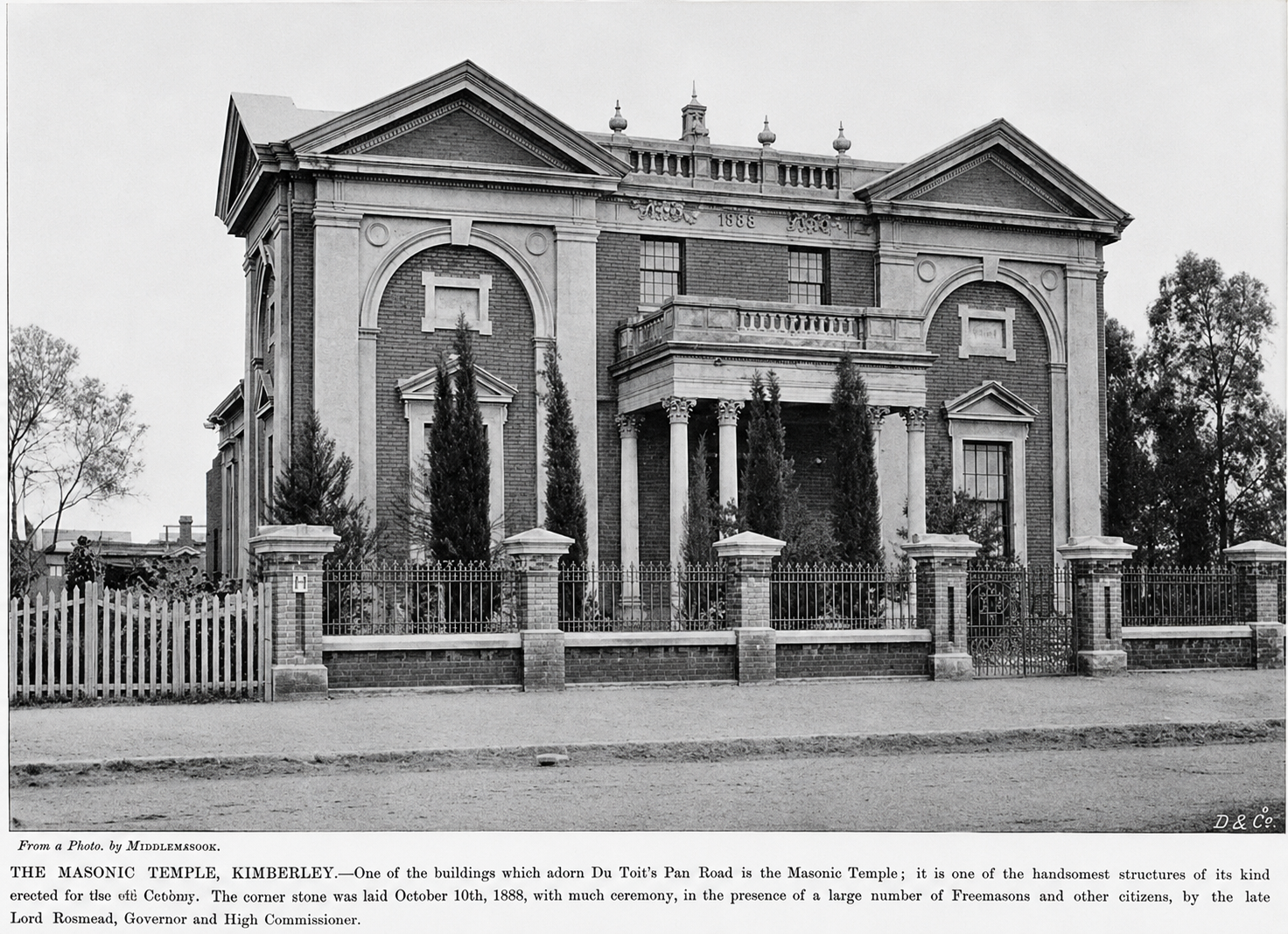 The corner stone was laid October 10th, 1888, with much ceremony, in the presence of a large number of Freemasons and other citizens, by the late Lord Rosmead, Governor and High Commissioner.
