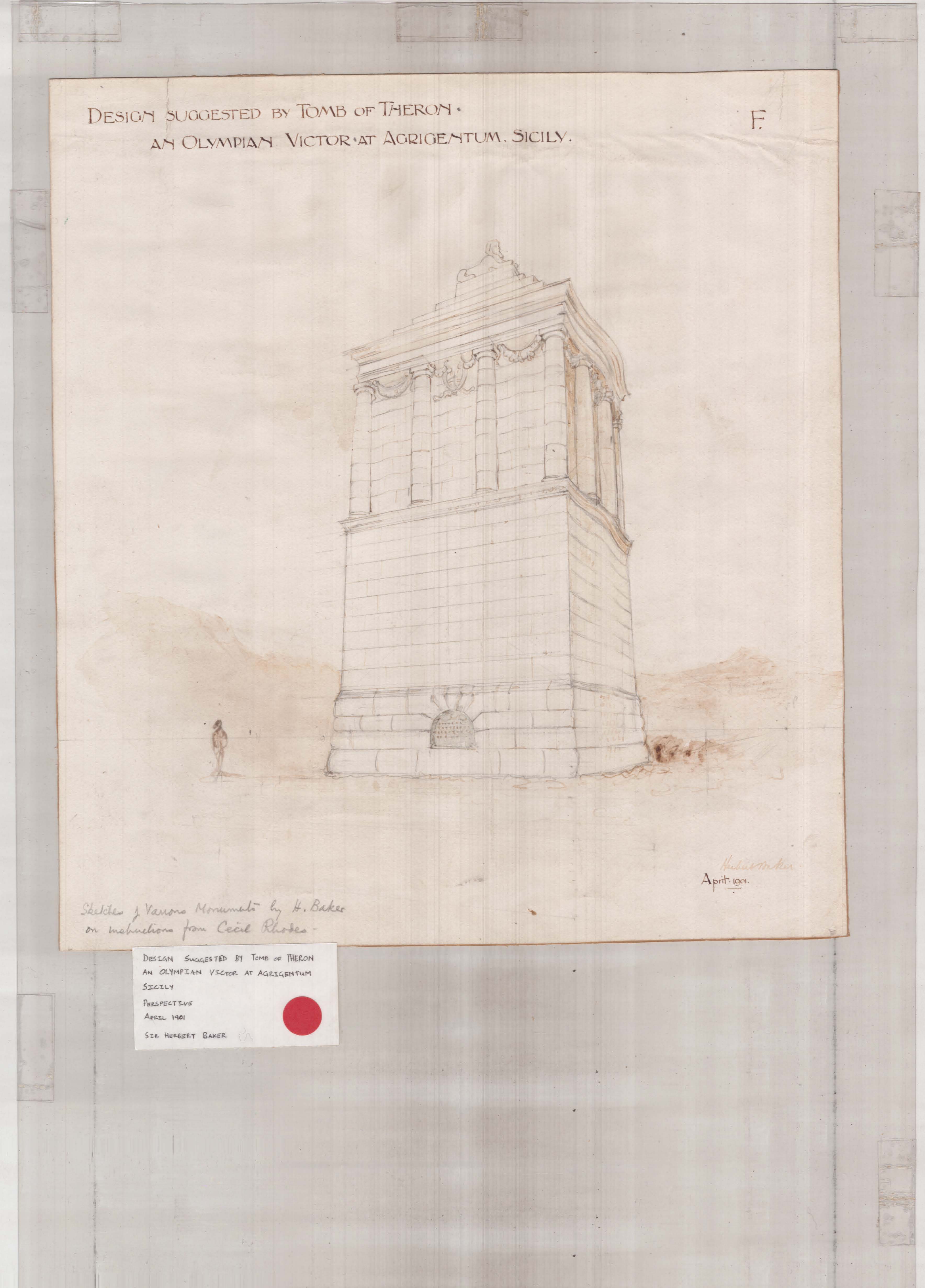 Design suggested by Tomb of Theron - An Olympian Victor at Agrigentum, Sicily. Perspective. April 1901. Sir Herbert Baker:  