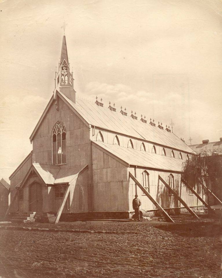 Historic photograph of the prefabricated St Cyprian's Church in Jones Street, Kimberley, built of wood and corrugated iron in 1880 before the construction of St Cyprian's Cathedral.
