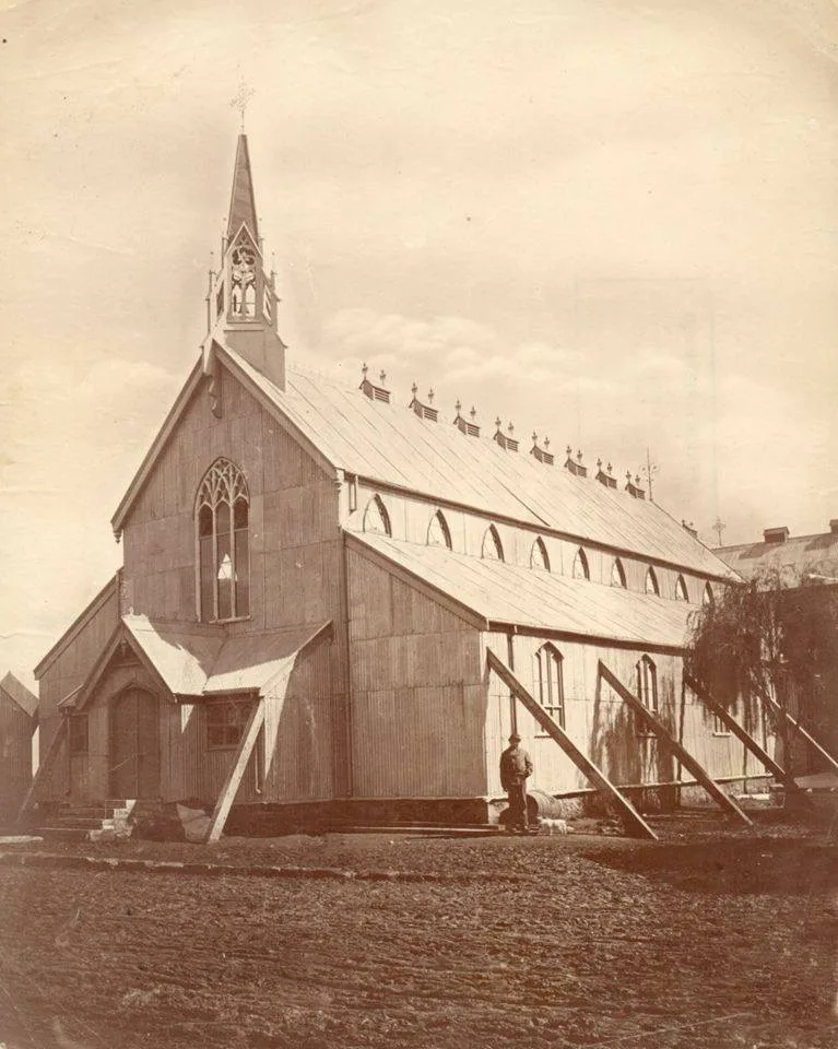 Historic photograph of the prefabricated St Cyprian's Church in Jones Street, Kimberley, built of wood and corrugated iron in 1880 before the construction of St Cyprian's Cathedral.