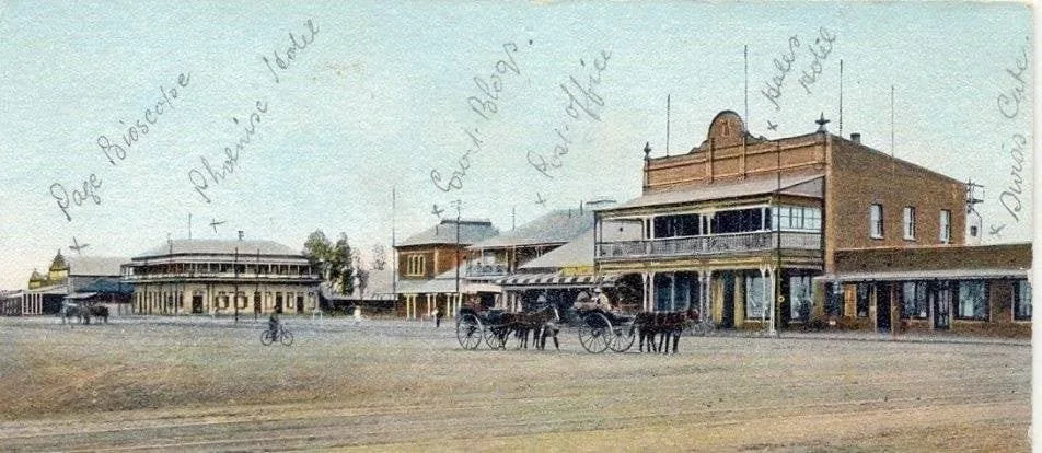 Historic Cape Town Road, Beaconsfield, in the early 1900s. The Phoenix Hotel can be seen on the left, overlooking Market Square.