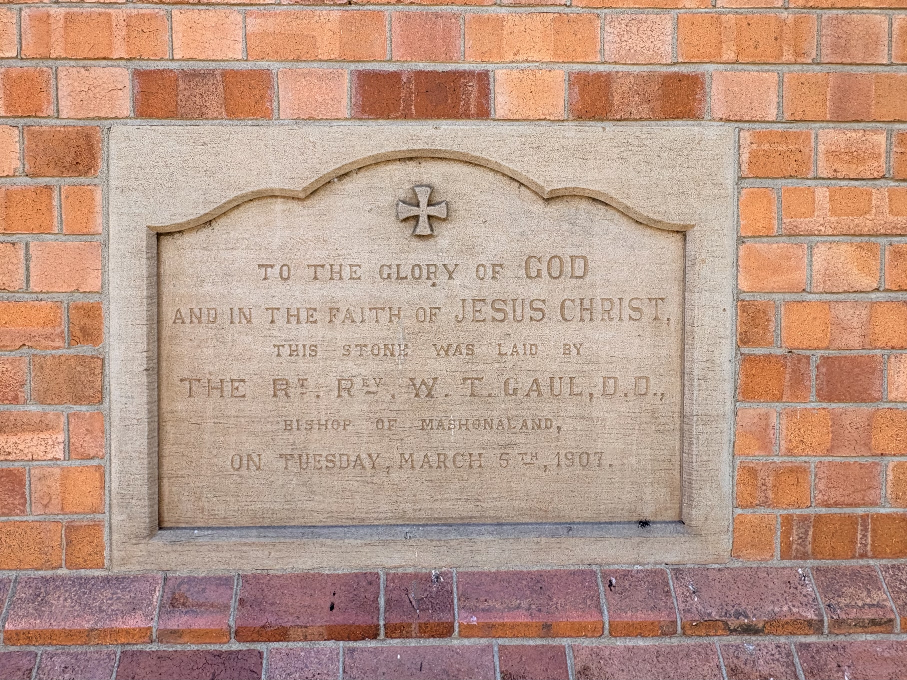 St Cyprian's Cathedral foundation stone, laid in 1907.
