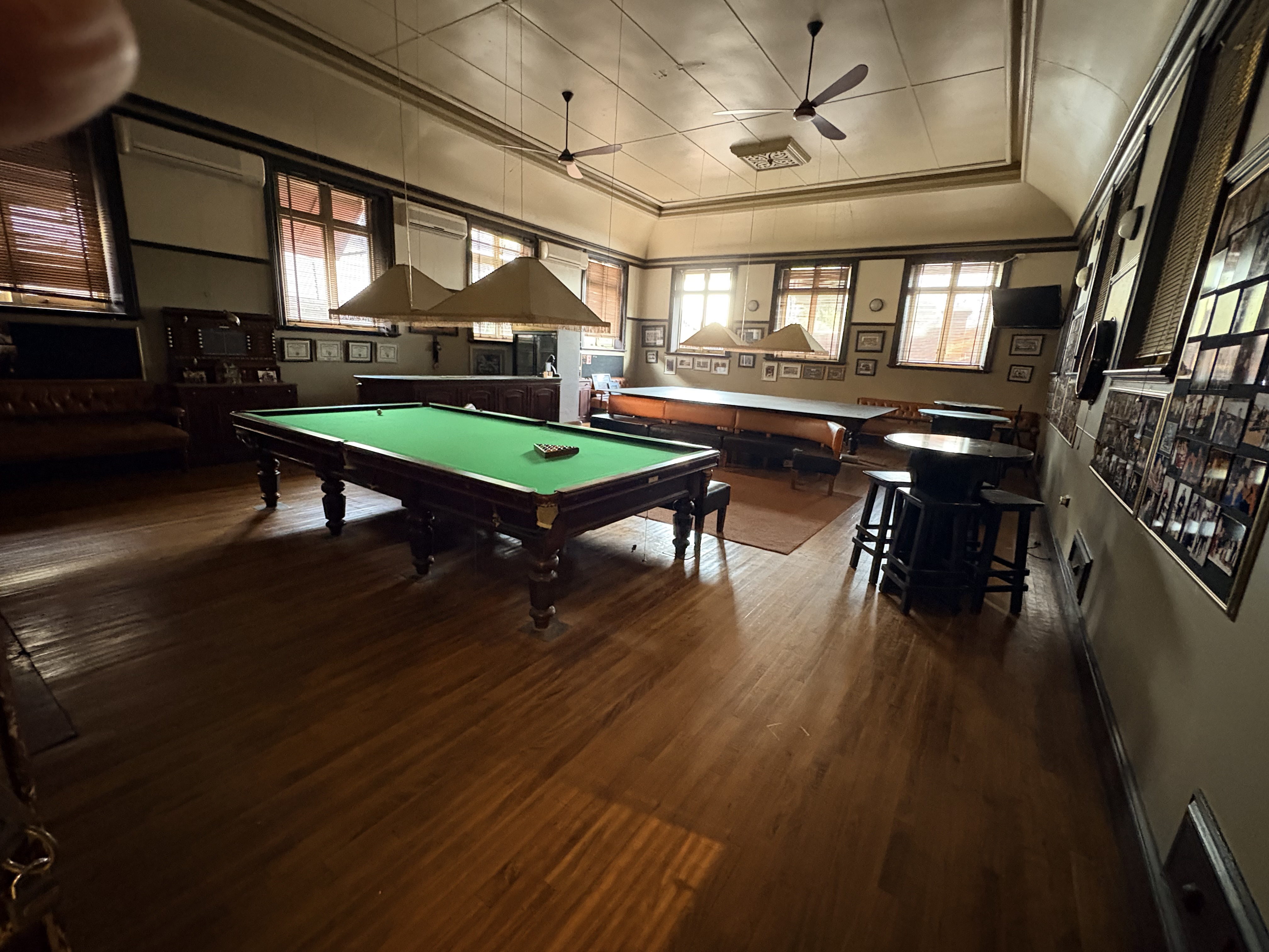 Billiards Room at the Kimberley Club in Kimberley, with historic furnishings and traditional Club interior.