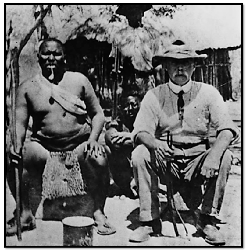 King Lobengula of the amaNdebele seated beside Frank Thompson during the 1888 negotiations that led to the Rudd Concession.