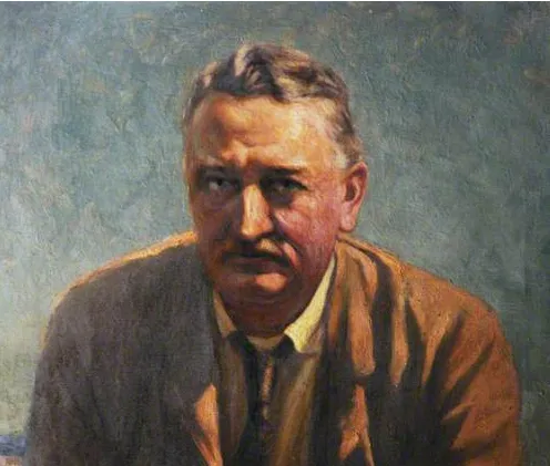 Oil portrait of Cecil John Rhodes seated in a brown jacket and tie, with a moustache, looking to his left.