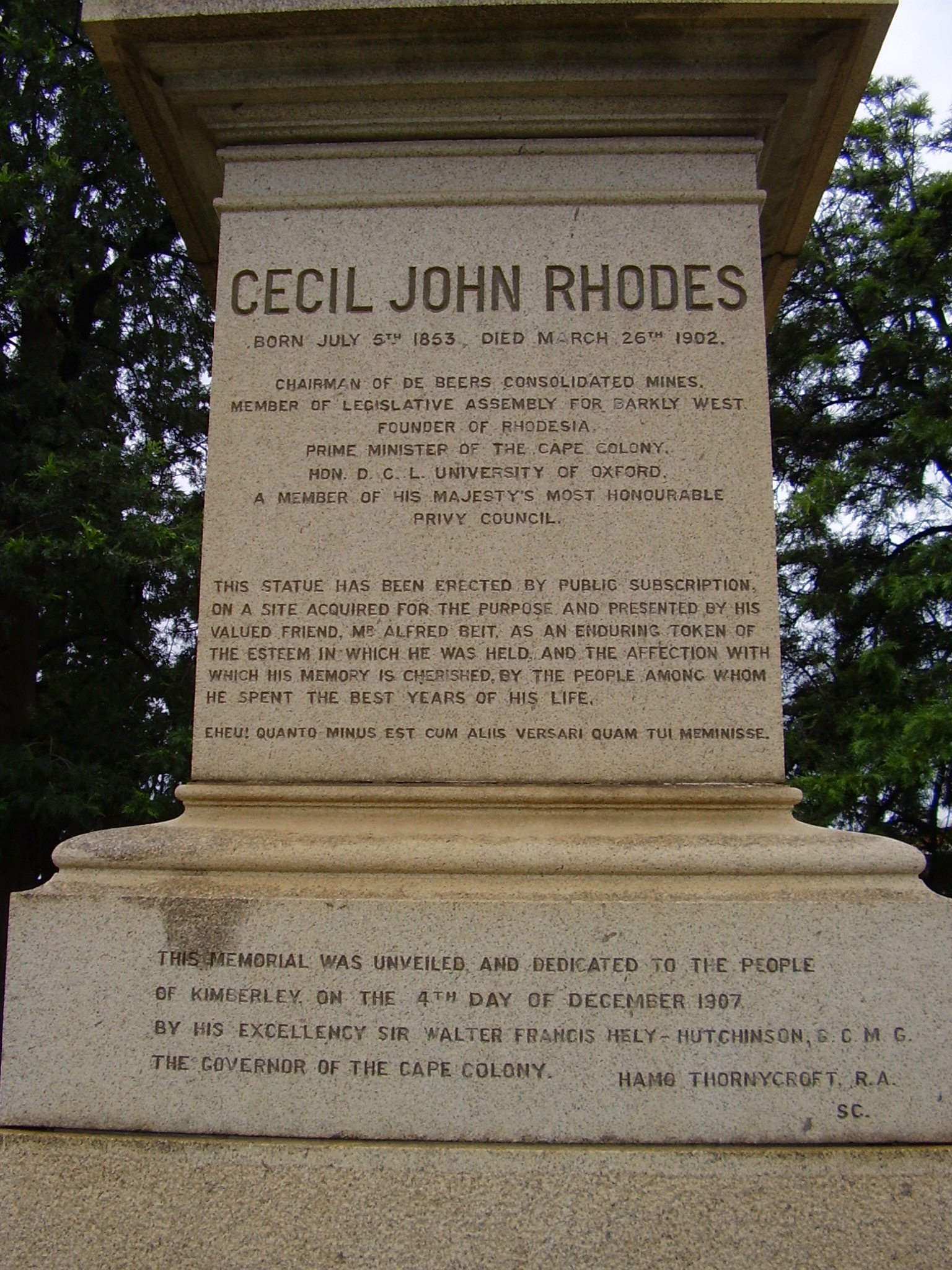 Inscription carved into the granite plinth of the Cecil Rhodes equestrian monument in Kimberley.