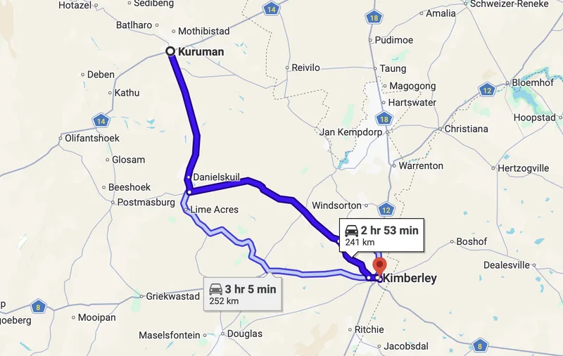 Map Kuruman to Kimberley