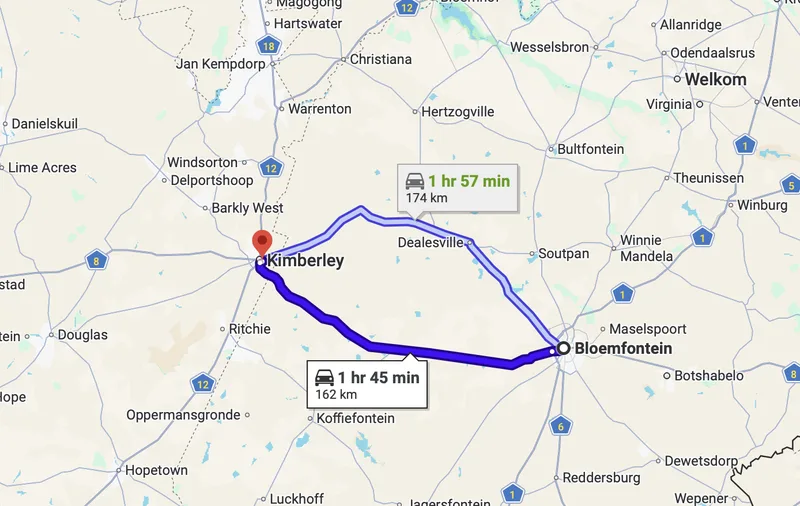 Map Bloemfontein to Kimberley