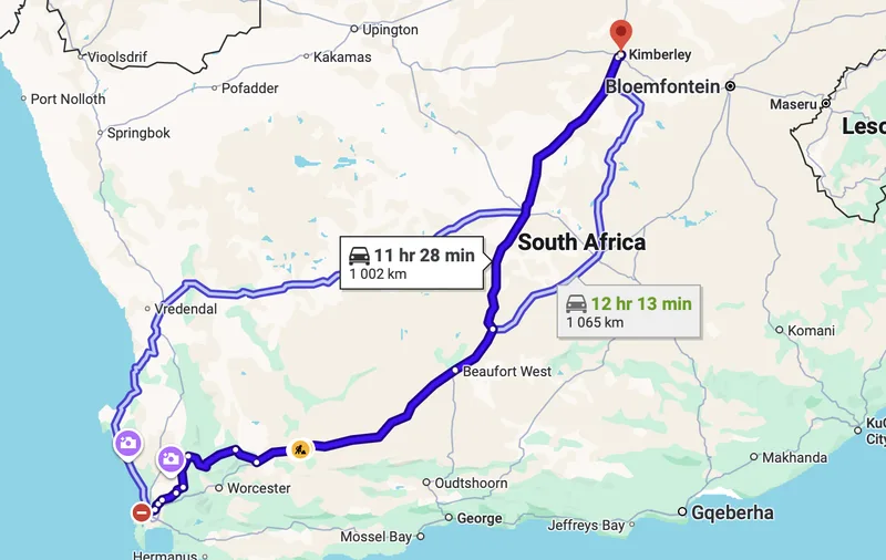 Map Cape Town to Kimberley