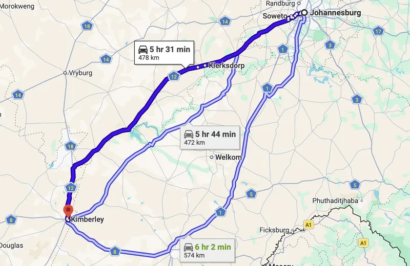 Map Johannesburg to Kimberley