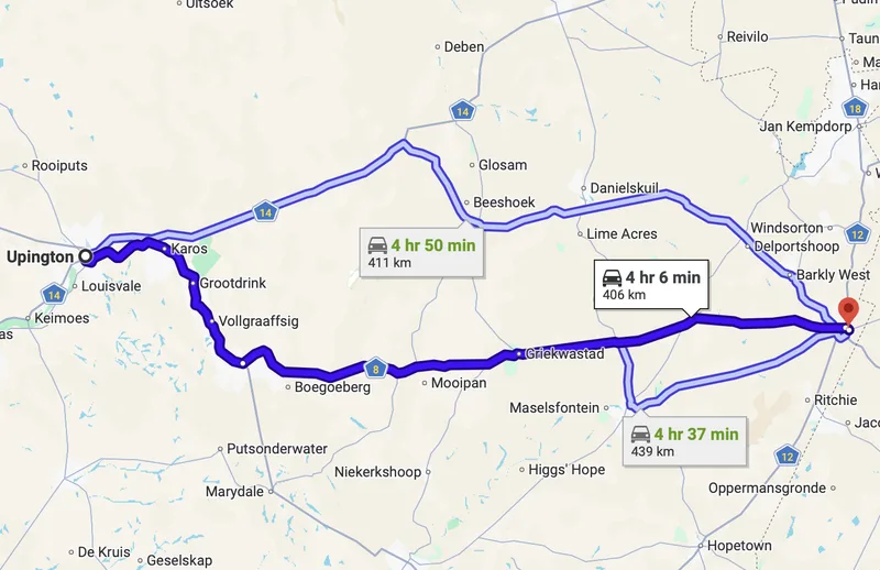 Map Upington to Kimberley