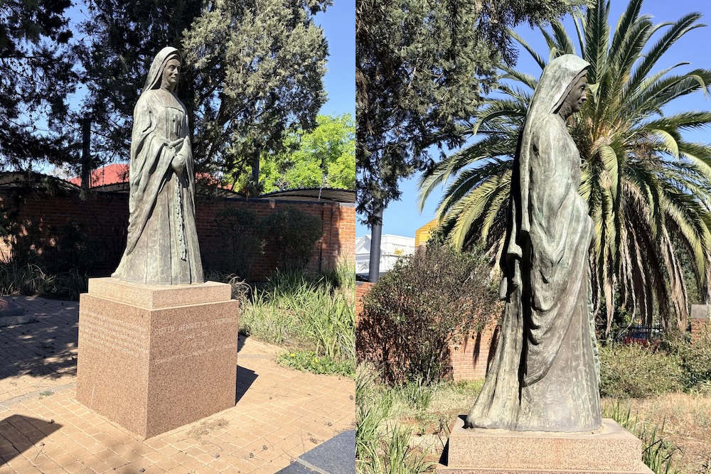 Bronze statue of Sister Henrietta Stockdale standing above her grave in the Garden of Remembrance at St Cyprian's Cathedral, Kimberley.